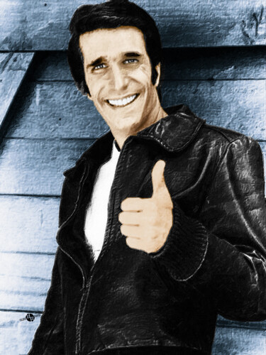 Collages titled "Fonzie Happy Days P…" by Tony Rubino, Original Artwork, Collages Mounted on Wood Stretcher frame