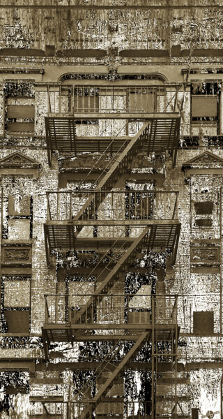 Коллажи под названием "Sepia Fire Escapes…" - Tony Rubino, Подлинное произведение искусства, Коллажи Установлен на Деревянна…