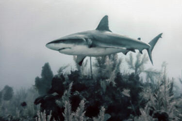 Peinture intitulée "Shark Under Water" par Tony Rubino, Œuvre d'art originale, Acrylique Monté sur Châssis en bois