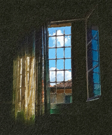 Schilderij getiteld "Blue Sky Window" door Tony Rubino, Origineel Kunstwerk, Acryl Gemonteerd op Frame voor houten brancard