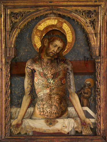 Schilderij getiteld "Jesus Tattoos" door Tony Rubino, Origineel Kunstwerk, Collages