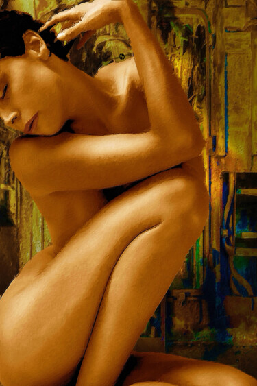 Schilderij getiteld "Gold Woman Nude Cro…" door Tony Rubino, Origineel Kunstwerk, Acryl Gemonteerd op Frame voor houten bran…
