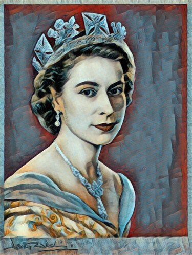 Schilderij getiteld "Queen Elizabeth" door Tony Rubino, Origineel Kunstwerk, Acryl Gemonteerd op Frame voor houten brancard