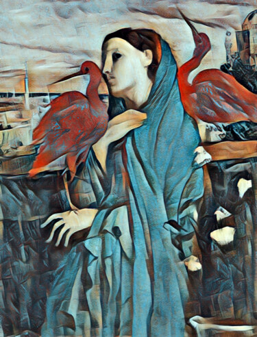 Painting titled "Woman With Birds Re…" by Tony Rubino, Original Artwork, Acrylic Mounted on Wood Stretcher frame