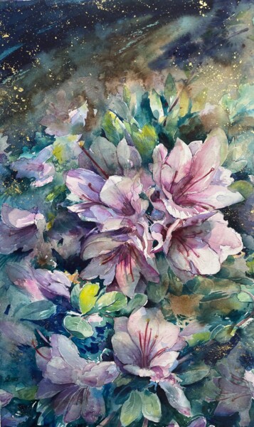 Painting titled "Azalée au jardin" by Tony Szabo, Original Artwork, Watercolor