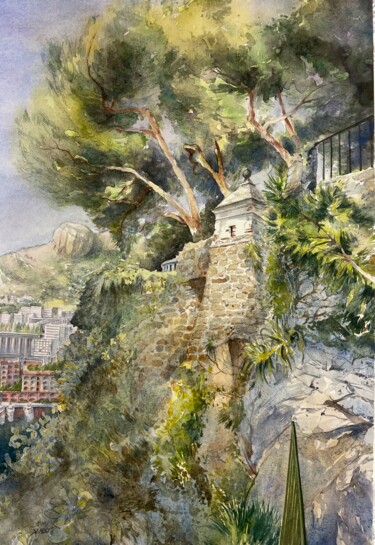 Painting titled "Jardin sur le rocher" by Tony Szabo, Original Artwork, Watercolor