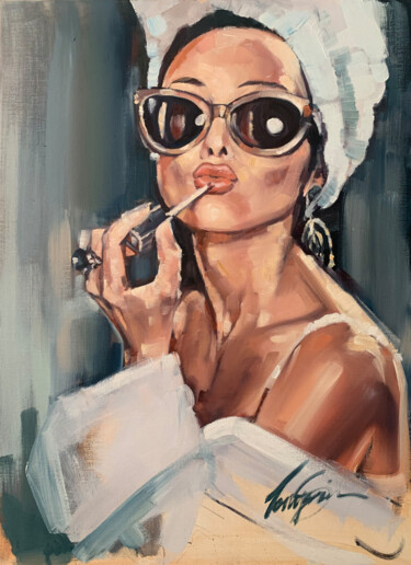 Schilderij getiteld "Audrey Hepburn" door Tonya Seiler, Origineel Kunstwerk, Olie Gemonteerd op Frame voor houten brancard