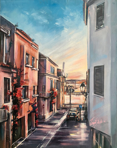 Schilderij getiteld "Sunset on Cascais C…" door Tonya Seiler, Origineel Kunstwerk, Olie Gemonteerd op Houten paneel