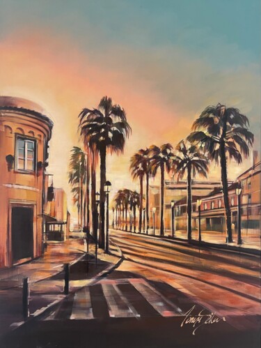 Painting titled "Cascais Palms Sunset" by Tonya Seiler, Original Artwork, Oil Mounted on Wood Stretcher frame