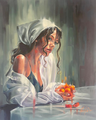 Painting titled "Girl with Apricots" by Tonya Seiler, Original Artwork, Oil Mounted on Wood Stretcher frame