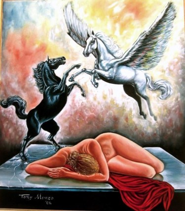 Pittura intitolato "L'ETERNA LOTTA" da Tony Alonzo, Opera d'arte originale, Olio