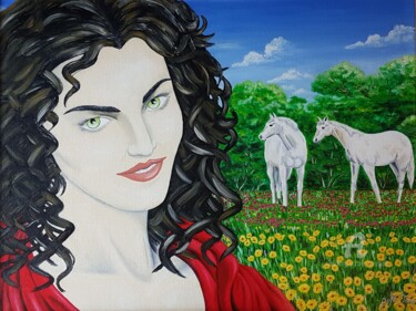 Painting titled "La dame aux chevaux…" by Tony Petit, Original Artwork, Oil