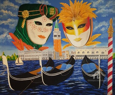 Peinture intitulée "Gondoles à Venise (…" par Tony Petit, Œuvre d'art originale, Huile