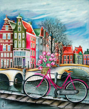 Painting titled "Bike Stop - Amsterd…" by Miriam Besa, Original Artwork, Oil