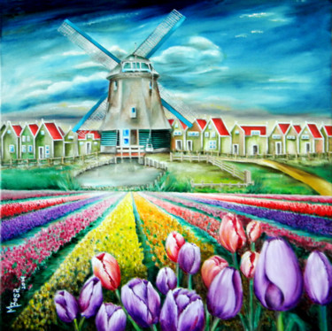 Painting titled "Amsterdam Village w…" by Miriam Besa, Original Artwork, Oil