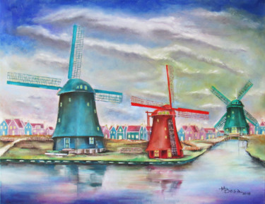 Картина под названием "Windmill Village, A…" - Miriam Besa, Подлинное произведение искусства, Масло