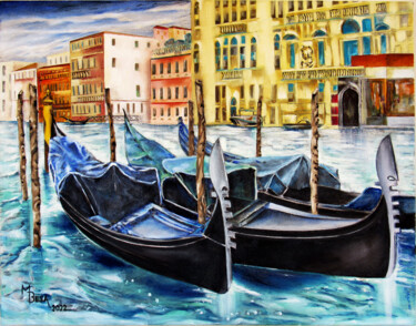 Painting titled "Sheltered Gondolas" by Miriam Besa, Original Artwork, Oil