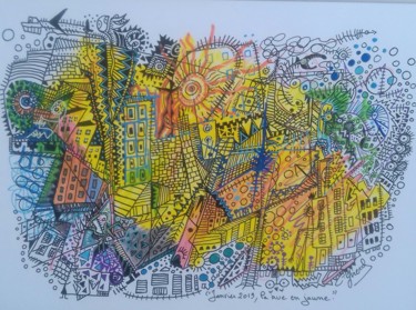 Dessin intitulée "la rue en jaune" par Girerd Christophe, Œuvre d'art originale, Encre