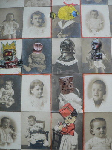 Collages getiteld "grosss famille" door Toross, Origineel Kunstwerk, Collages Gemonteerd op Houten paneel