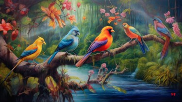 Digital Arts titled "Colorful Birds 1  -…" by Toshima Hayashi, Original Artwork, Digital Print Mounted on Aluminium