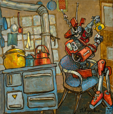 Malerei mit dem Titel "Robo on the old kit…" von Tot_chuvak, Original-Kunstwerk, Öl Auf Keilrahmen aus Holz montiert