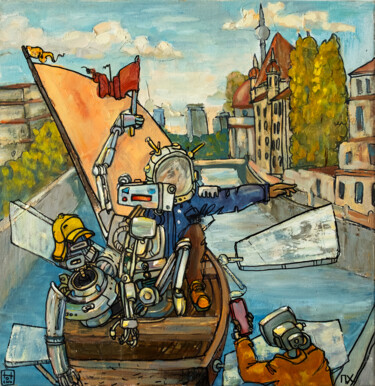 Painting titled "Travel in Berlin" by Tot_chuvak, Original Artwork, Oil Mounted on Wood Stretcher frame