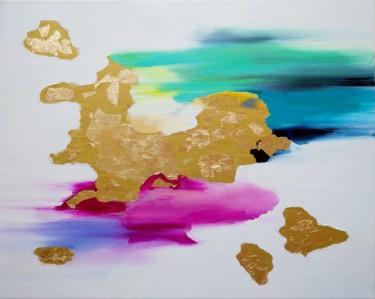 Painting titled "GOLDEN ISLAND" by Monika Toth, Original Artwork, Oil Mounted on Wood Stretcher frame
