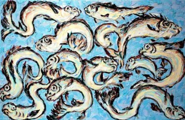 Pittura intitolato "peces en el cielo "…" da Totom, Antonio Garcia Calvente (1957-2015), Opera d'arte originale, Olio