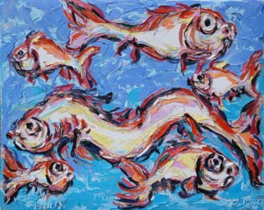 Painting titled "peces en el cielo" by Totom, Antonio Garcia Calvente (1957-2015), Original Artwork, Oil