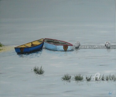 Painting titled "barques" by Serge Toulgoat, Original Artwork, Acrylic Mounted on Wood Stretcher frame