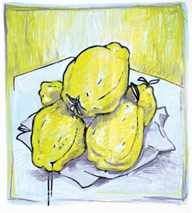 Painting titled "Coings jaunes" by Toumire, Original Artwork, Chalk Mounted on Wood Stretcher frame