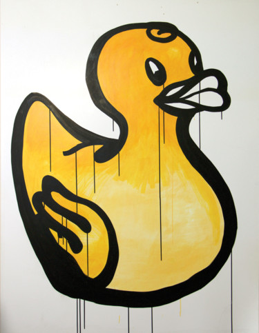 Painting titled "Grande maman canard" by Toumire, Original Artwork, Ink Mounted on Wood Stretcher frame
