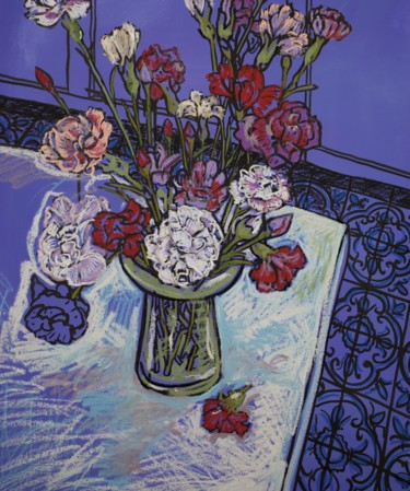 Painting titled "Bouquet oeillets" by Toumire, Original Artwork, Chalk Mounted on Wood Stretcher frame