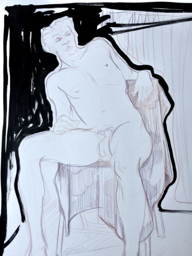 Dessin intitulée "Nu Patrick sur une…" par Toumire, Œuvre d'art originale, Encre