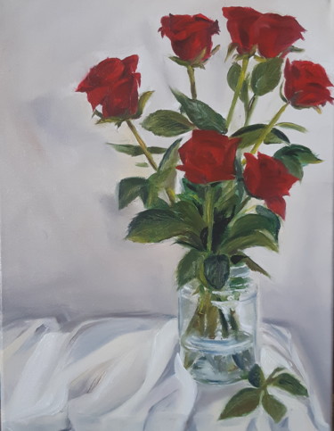 Pintura intitulada "Róże" por Ewe, Obras de arte originais, Óleo Montado em Armação em madeira
