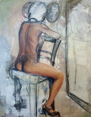 Painting titled "Lena in Chair" by Cesar Aguilar (Raçe), Original Artwork, Oil