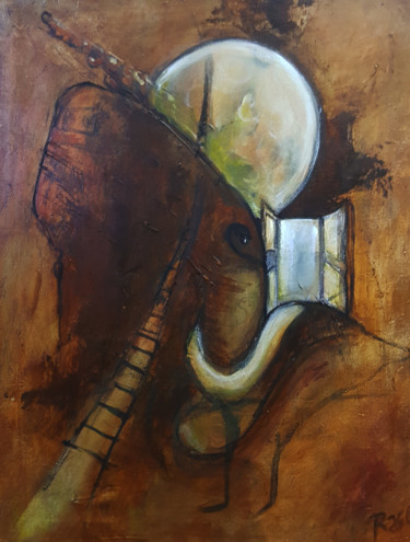 Painting titled "éléphant et escalier" by Cesar Aguilar (Raçe), Original Artwork, Acrylic