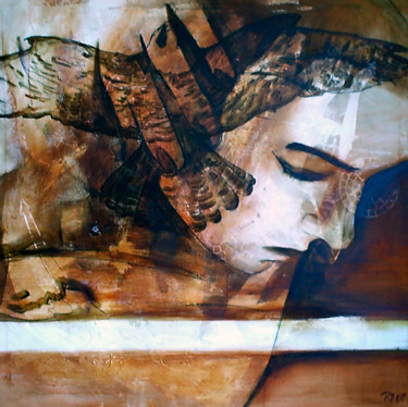 Peinture intitulée "woman and falcon" par Cesar Aguilar (Raçe), Œuvre d'art originale, Acrylique