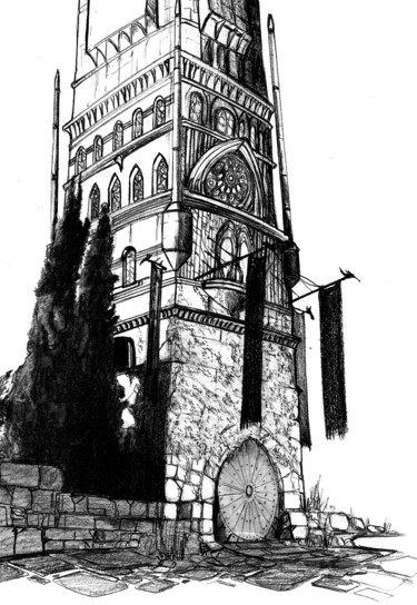 Zeichnungen mit dem Titel "Sorcerer Tower" von Cesar Aguilar (Raçe), Original-Kunstwerk, Bleistift