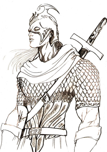 Rysunek zatytułowany „Warrior of Grange” autorstwa Cesar Aguilar (Raçe), Oryginalna praca, Ołówek