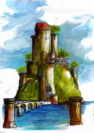 Rysunek zatytułowany „Castle in the sea” autorstwa Cesar Aguilar (Raçe), Oryginalna praca, Ołówek