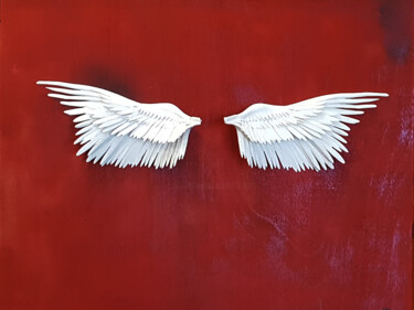 Painting titled "Red Wings on the wh…" by Cesar Aguilar (Raçe), Original Artwork, Acrylic Mounted on Wood Stretcher frame