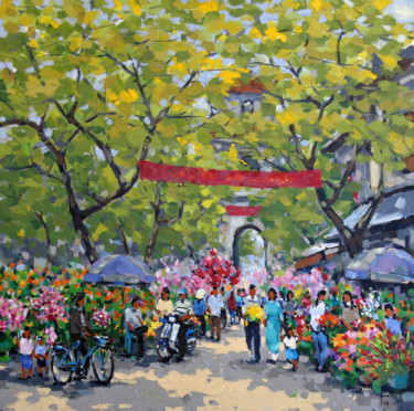 Painting titled "Tet flower market i…" by Anh Huy Tran, Original Artwork, Acrylic