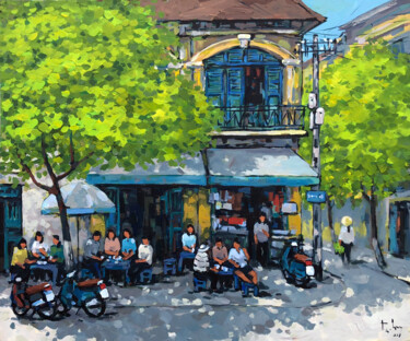 Painting titled "Street cafe shop in…" by Anh Huy Tran, Original Artwork, Acrylic