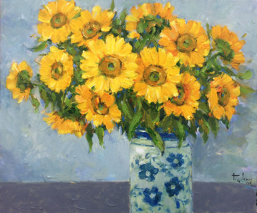 Painting titled "Sunflowers" by Anh Huy Tran, Original Artwork, Acrylic Mounted on Wood Stretcher frame