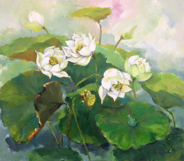 Painting titled "Lotus Pond in the S…" by Anh Huy Tran, Original Artwork, Acrylic
