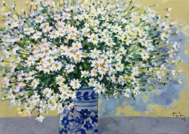 Painting titled "Daisies" by Anh Huy Tran, Original Artwork, Acrylic Mounted on Wood Stretcher frame