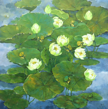 Painting titled "Summer lotus pond" by Anh Huy Tran, Original Artwork, Acrylic