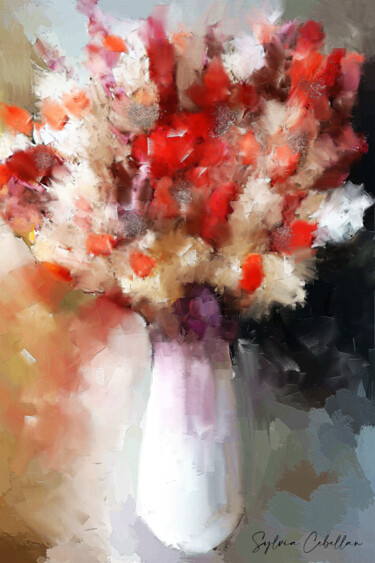 Digitale Kunst getiteld "Bouquet de fleurs L…" door Sylvia Cebellan, Origineel Kunstwerk, Digitaal Schilderwerk Gemonteerd o…