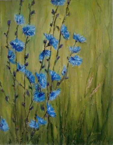 Painting titled "Цветы цикорий" by Irina Trav, Original Artwork, Oil
